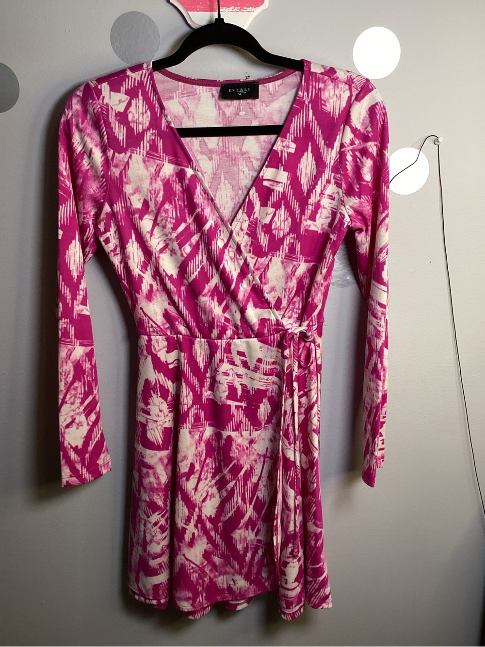 Everly Hot Pink & White Long Sleeve Wrap Dress